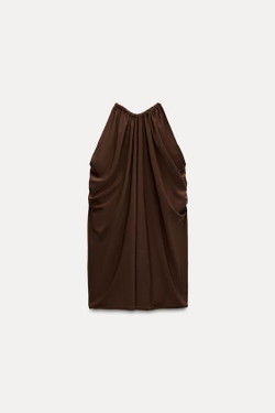ZARA ТОП С ДРАПИРОВКОЙ И ГОРЛОВИНОЙ ХАЛТЕР, ШОКОЛАДНЫЙ