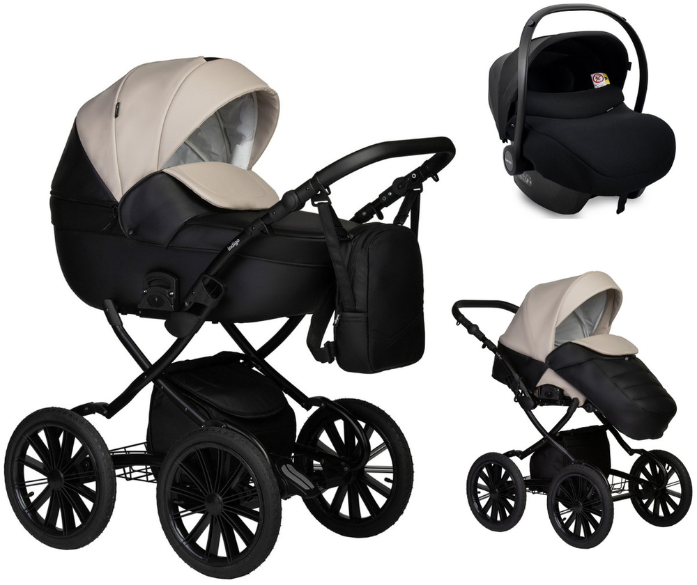 Детская коляска Indigo Mio Eco Plus 14 3 в 1 с автокреслом Avionaut Cosmo Black 04 черная кожа+св.бежевая кожа