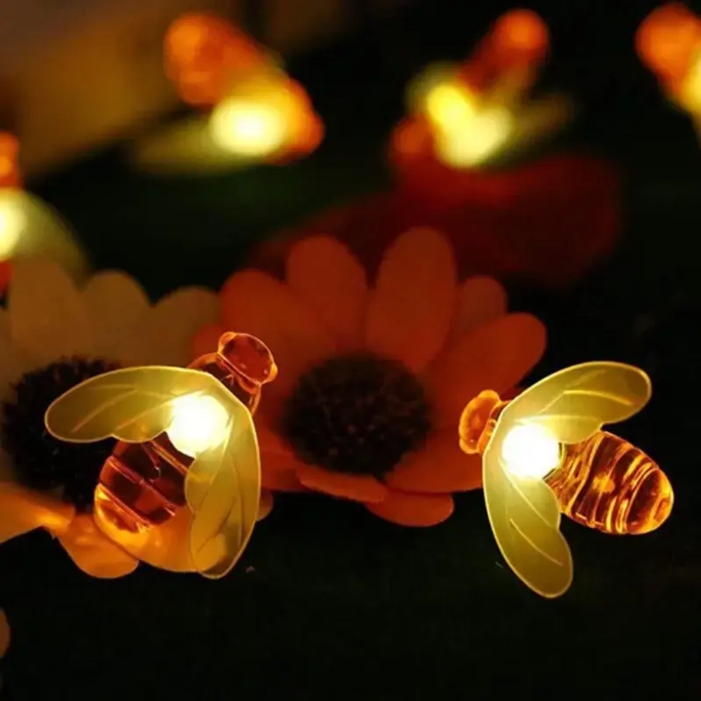 Гирлянда для улицы «Пчёлка» 3м, 20 ламп LED чёрный провод, 2 реж, IP-55, Теплый белый (солнечная батарея).