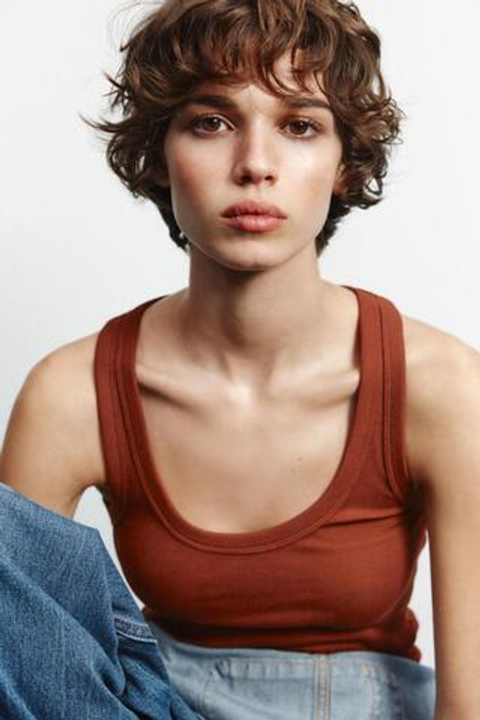 ZARA ТОП В РУБЧИК НА БРЕТЕЛЯХ, ЧЕРЕПИЧНЫЙ