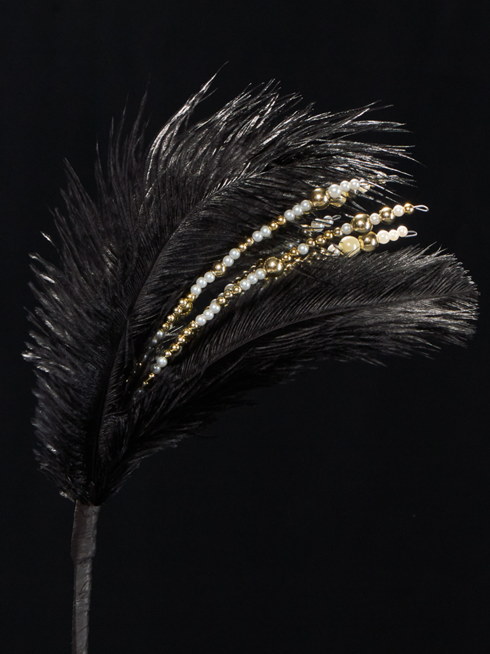 Веточка с перьями и бисером 20х36см ChristmasDeLuxe черная с золотом