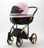Детская коляска Adamex Chantal Special Edition Deluxe 3 в 1 C132-B (РОЗОВ.ЗЕФИР.КОЖА/ ЧЕРН.РИФЛЕН. ДНО + ЗОЛОТ РАМА)