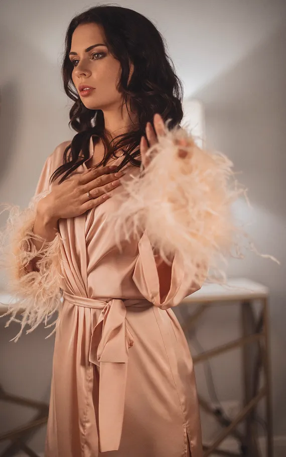 7131 халат-накидка с боа розовый