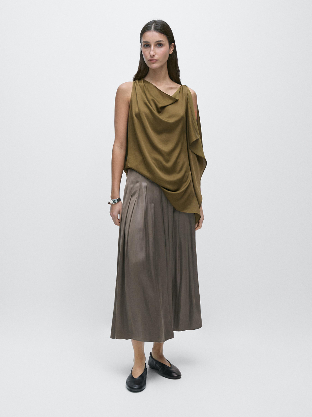 Massimo Dutti Юбка миди с декоративными складками и вощеной отделкой, серый