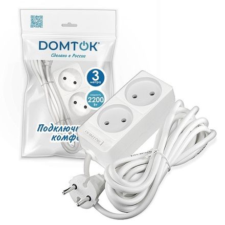 Удлинитель бытовой "DOMTOK" 2гн., ПВС 2*1, 2,2кВт, б/з 3м (1/50)