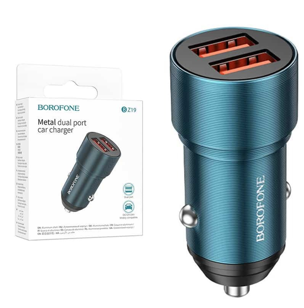 Автомобильный адаптер питания BOROFONE BZ19 2USB 2.4A (синий)