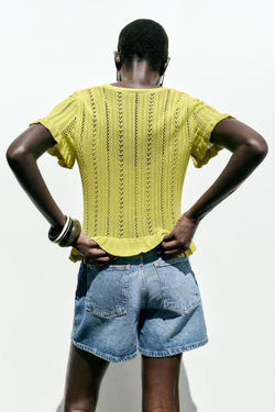 ZARA КАРДИГАН С ВОЛАНАМИ И ПЕРФОРАЦИЕЙ, ЗЕЛЕНЫЙ