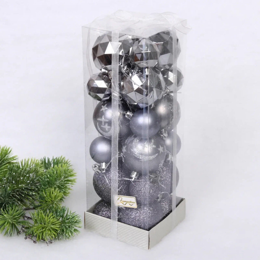 Набор шаров «Winter shine» 6 см + 4 см (24 предмета), Графит