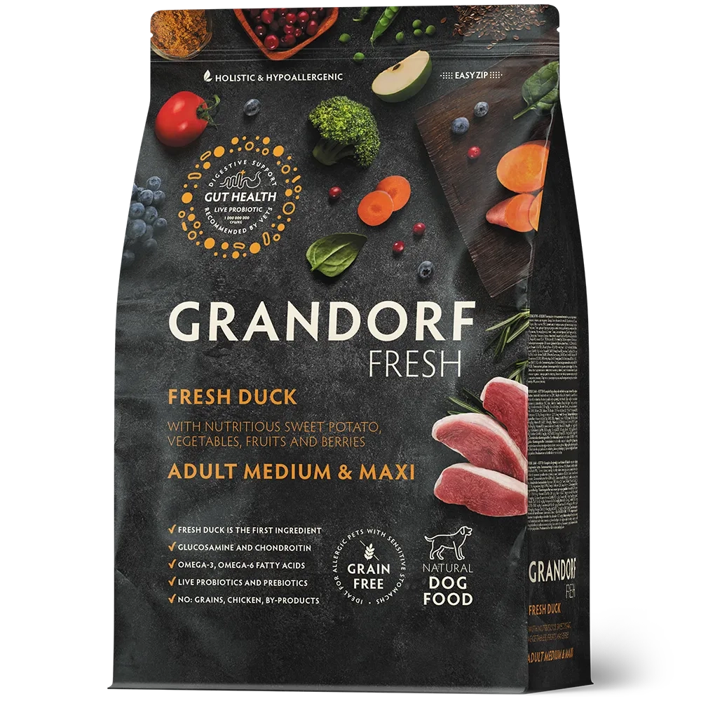 Grandorf Fresh, Fresh Duck, Adult Medium & Maxi для собак средних и крупных пород (Свежее мясо утки с бататом)