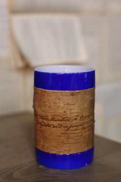 Кружка большая фарфоровая без ручки c берестой и с цитатами Лермонтова. Lermontov forever.