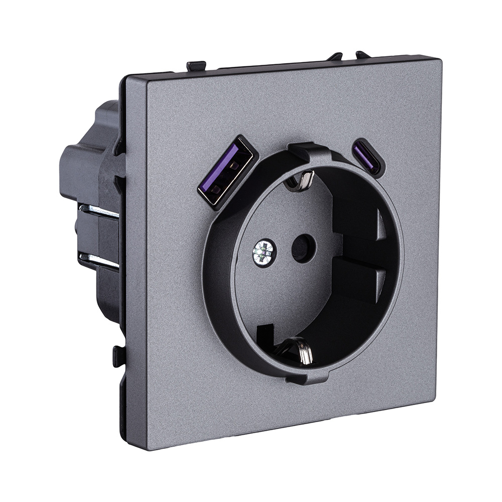 Розетка штепсельная SCHUKO 16A/250 В с USB A+C 20W, серый Kollinger Eclipse EC-016GY
