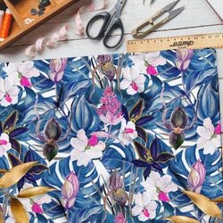 Ткань флис синие листья белый цветок