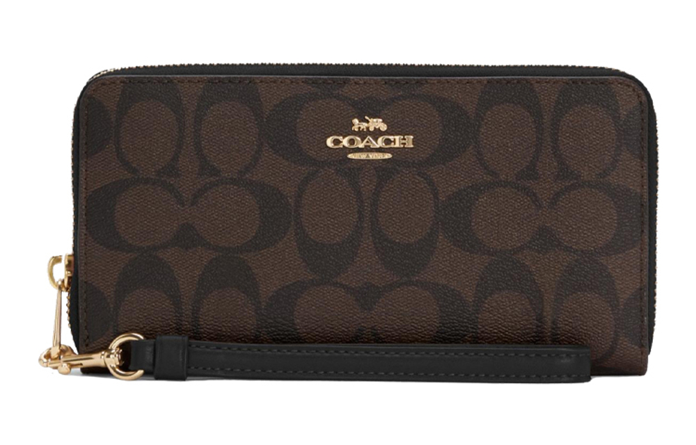 COACH Zip Around Monogram Canvas With Leather Wallet Clutch Regular Women"s Black & Brown