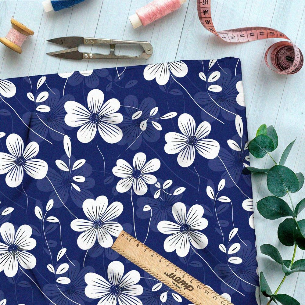 Ткань премиум дюспо белые цветы на синем