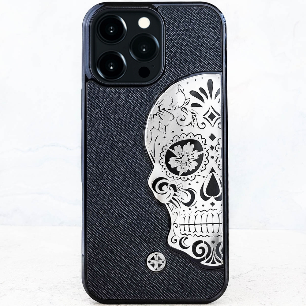 Эксклюзивный чехол iPhone с черепом на натуральной коже Saffiano - Euphoria HM Premium - модный аксессуар, брендовый чехол для iPhone