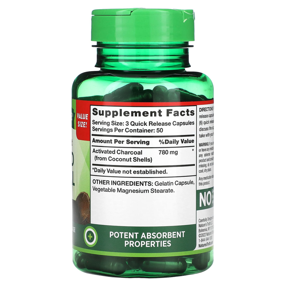 Nature's Truth, Vitamins, кокосовый активированный уголь премиального качества, 150 капсул с быстрым высвобождением (260 мг в 1 капсуле)