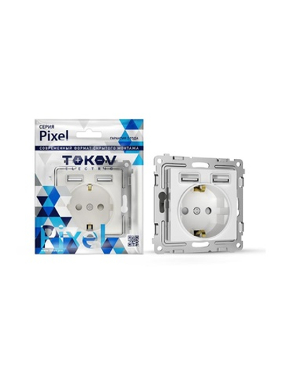 Розетка 1-м СП Pixel IP20 с заземл. с 2-мя заряд. устр. USB тип A+A механизм бел. TOKOV ELECTRIC TKE-PX-R1U2A-C01