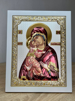Владимирская БМ, икона прямоугольная с рамкой, белое дерево, эмаль 210х260