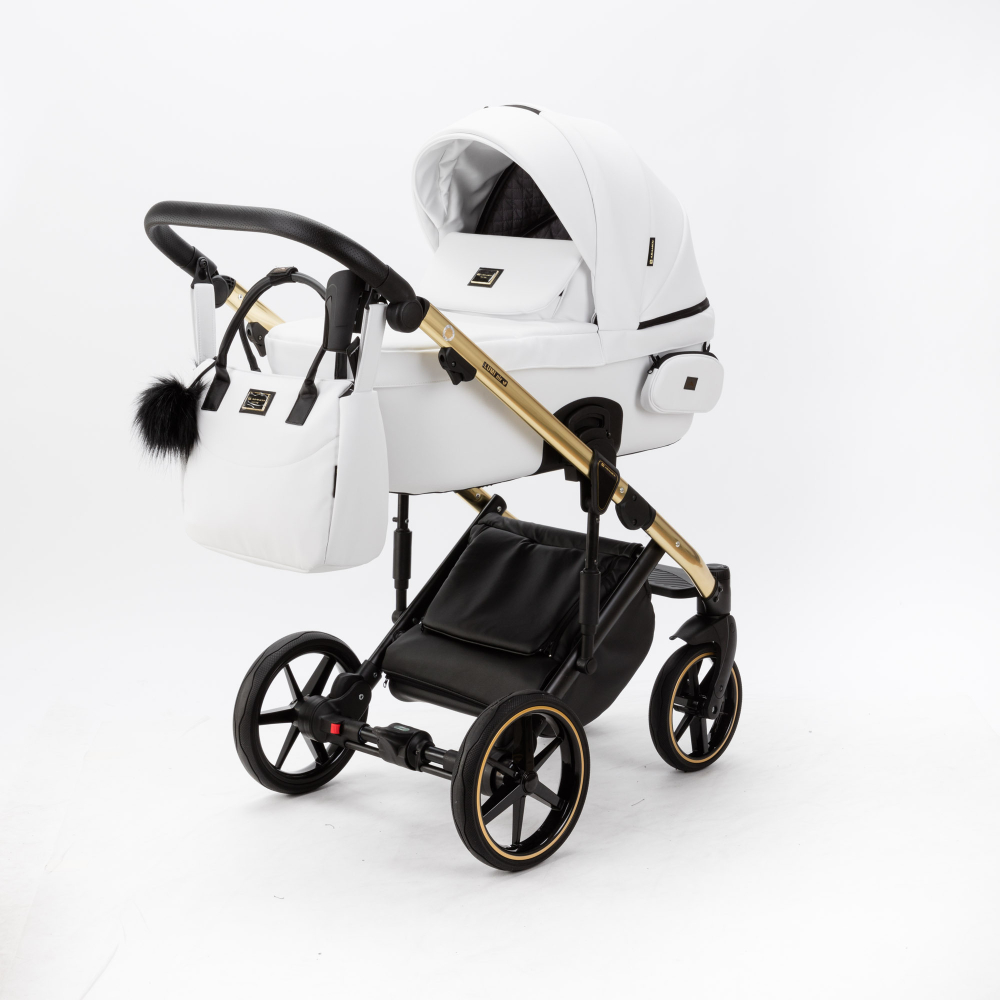 Детская универсальная коляска Adamex Lumi SE Deluxe L-SA500 (2в1)  Белая экокожа, золотая рама