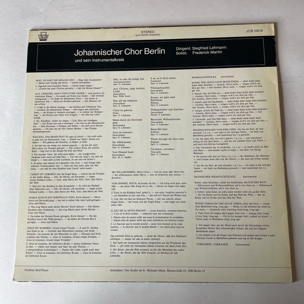 Винтажная виниловая пластинка LP Johannischer Chor Berlin, Weihnachten Mit Dem Johannischen Chor Рождество С Иоанновым Хором (Германия 1977)