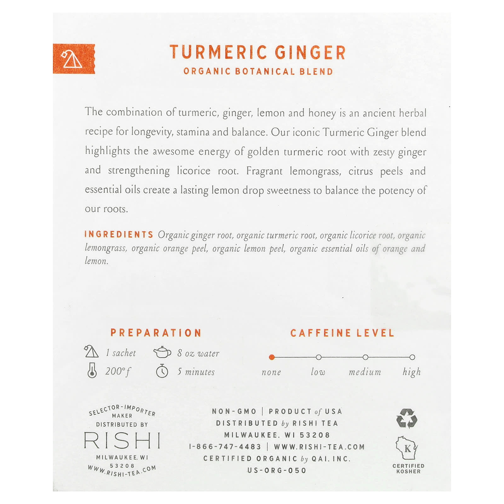Rishi Tea, органическая растительная смесь, куркума и имбирь, без кофеина, 15 пакетиков, 45 г (1,58 унции)