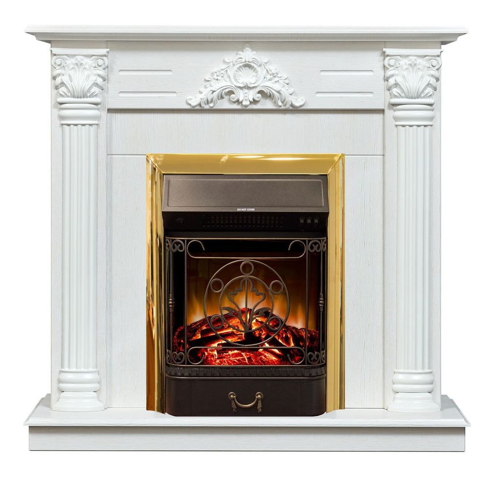 Электрокамин RealFlame Stefania WT белое золото с очагом Majestic Lux Brass