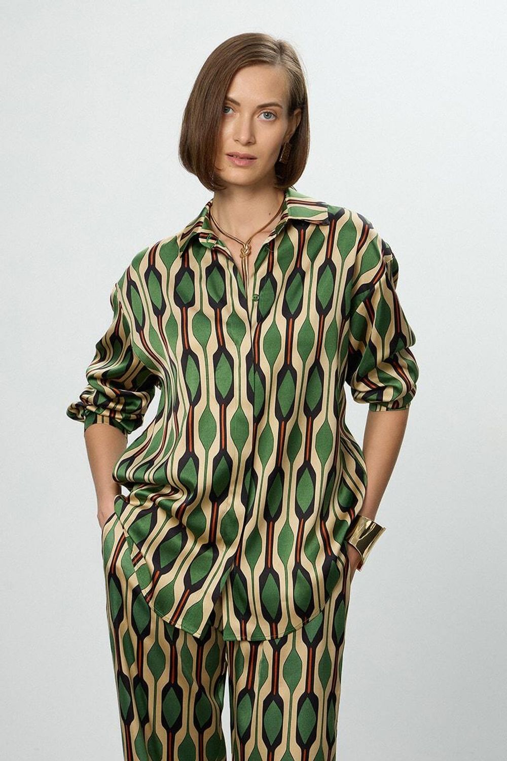 Рубашка Хельсинки зеленый принт вискоза