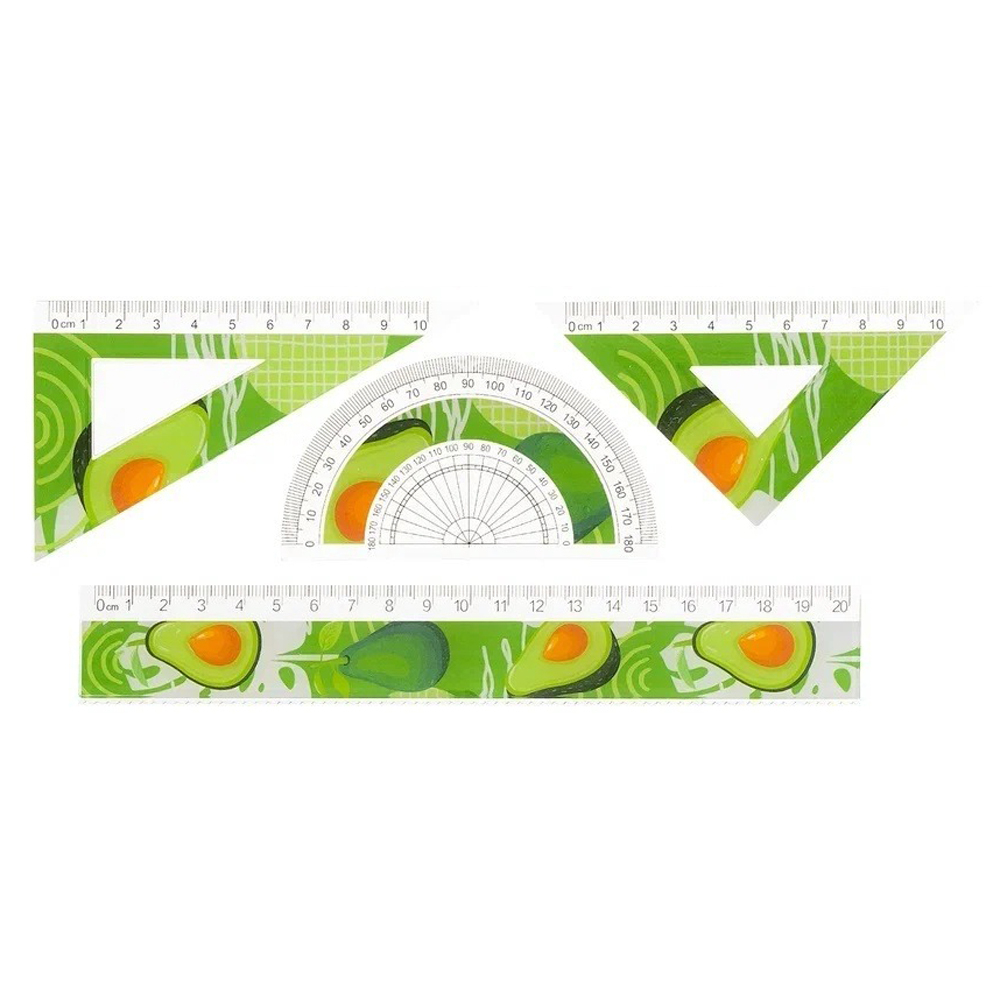 Линейка Basir пластиковая, набор 4 шт, серия "Авокадо", 4 предмета: линейка 20 см, транспортир и два угольника