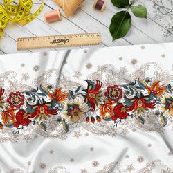 Ткань бифлекс цветная роспись на белом фоне