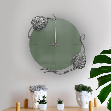 Часы настенные Monstera Deliciosa (Монстера) Колор Зеленый нефрит Сильвер