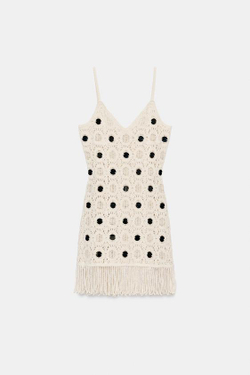 ZARA ТРИКОТАЖНОЕ ПЛАТЬЕ С ЗЕРКАЛЬНЫМИ ДЕТАЛЯМИ И БАХРОМОЙ, ЭКРЮ