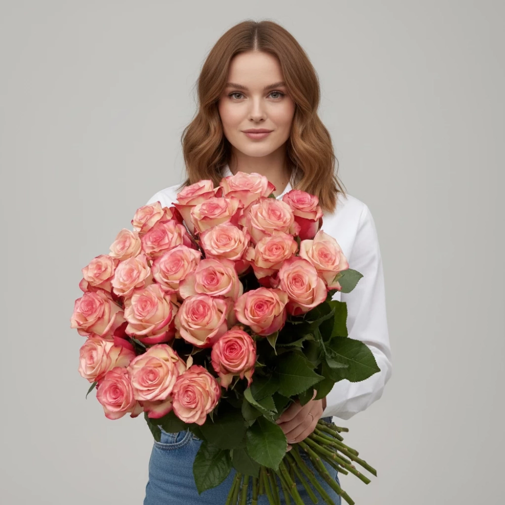 Розы кремово-розового оттенка в монобукете.