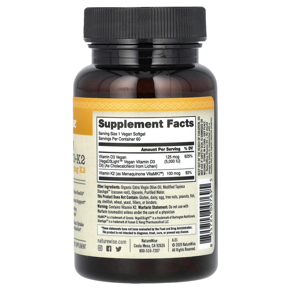 NatureWise, веганские витамины D3 и K2, 60 веганских капсул