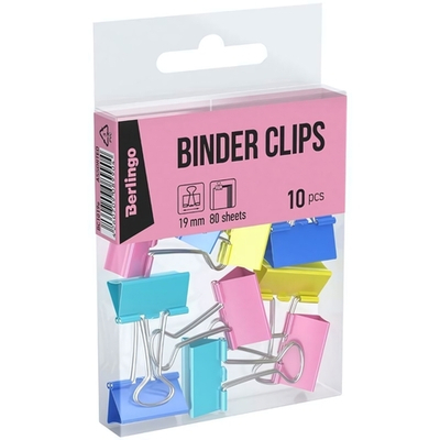 Зажимы для бумаг 19мм, 10шт., цветные, ПВХ (Berlingo)