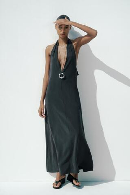 ZARA ПЛАТЬЕ МИДИ С ГОРЛОВИНОЙ ХАЛТЕР И ЗАВЯЗКАМИ, ЧЕРНЫЙ