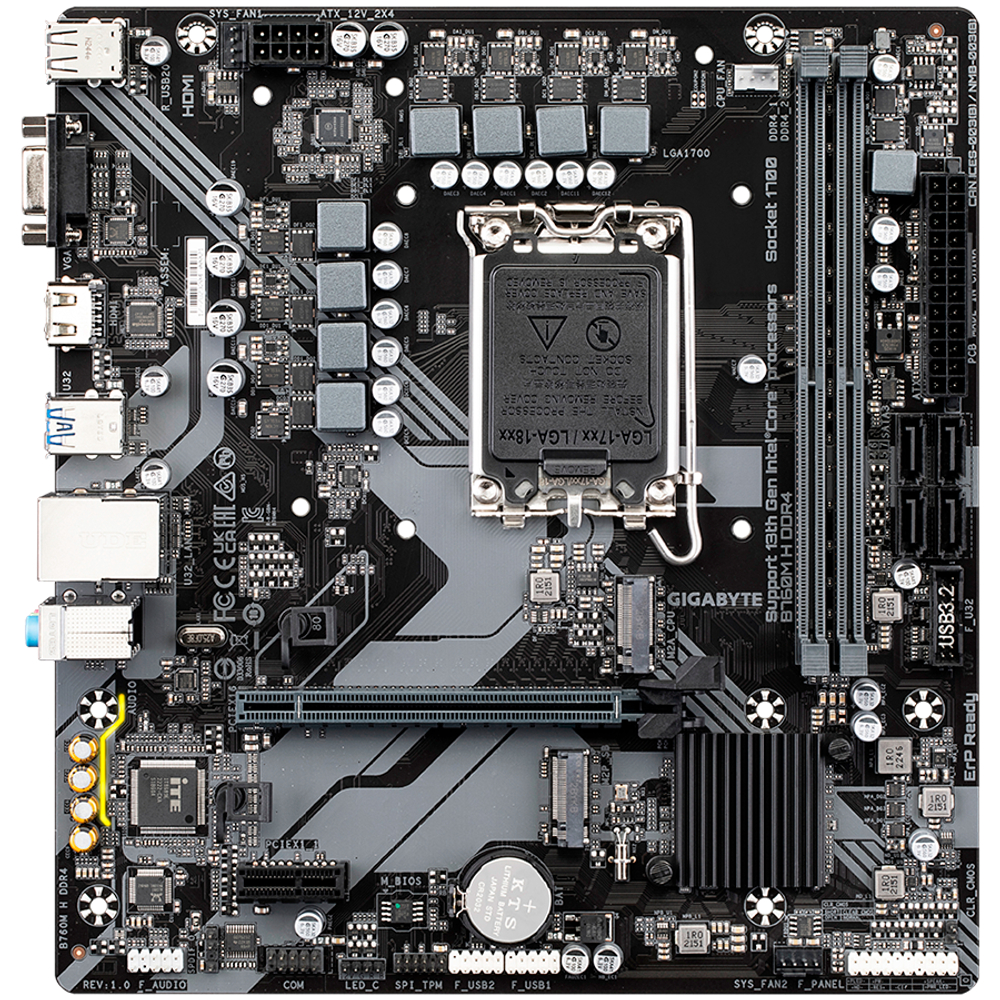 GIGABYTE Mainboard Desktop B760M H DDR4 (LGA1700, 2xDDR4, 1xDSub, 1xHDMI, GLAN, 1x PCI Express x16 PCIe 4.0, 1x PCI Express x1 PCIe 3.0, 2xM.2, 4 x SATAIII, 6x USB3.2 Gen1, 6x USB2.0/1.1) mATX