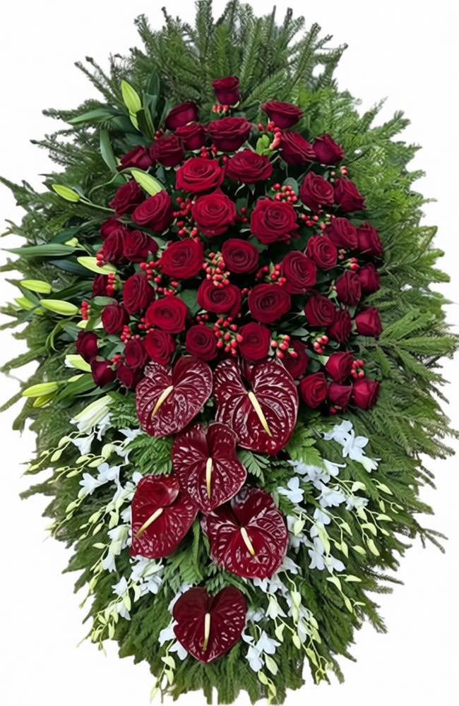 Траурный венок из живых бордовых роз, антуриумов и натуральной хвои, размер 180 см