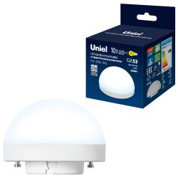 LED-GX53-10W-6500K-GX53-FR-SPHERE PLZ02WH Лампа светодиодная со сферическим рассеивателем. матовая. Дневной белый свет 6500K. Картон. ТМ Uniel