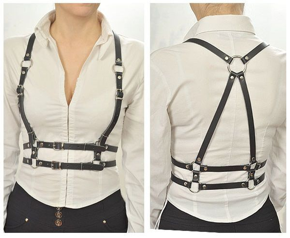 Чёрная кожаная портупея из тонких ремешков (Размер: M-XL) (Цвет: черный)