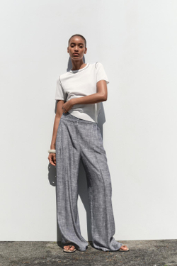 ZARA ТРИКОТАЖНЫЙ ТОП С КОРОТКИМИ РУКАВАМИ И ОКАНТОВКОЙ, БЕЛЫЙ/МОРСКОЙ СИНИЙ