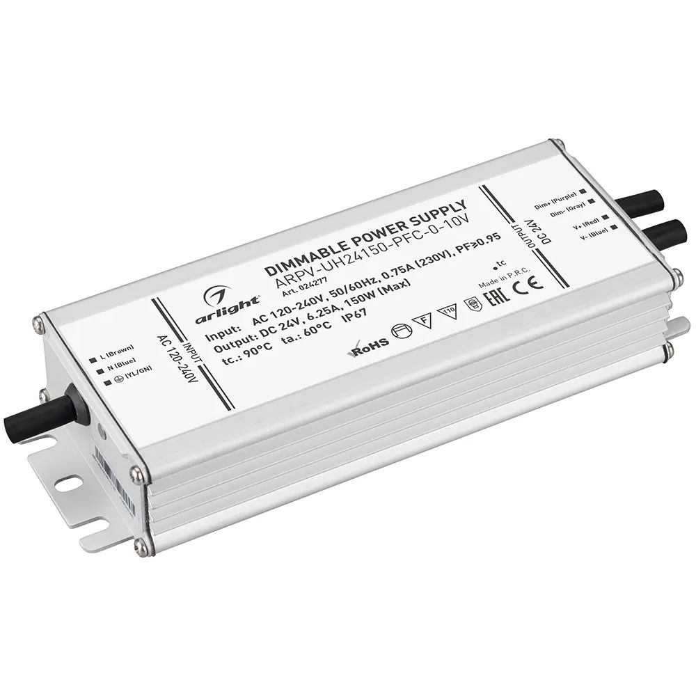 Блок питания ARPV-UH24150-PFC-0-10V (24V, 6.3A, 150W) (Arlight, IP67 Металл, 7 лет) 024277