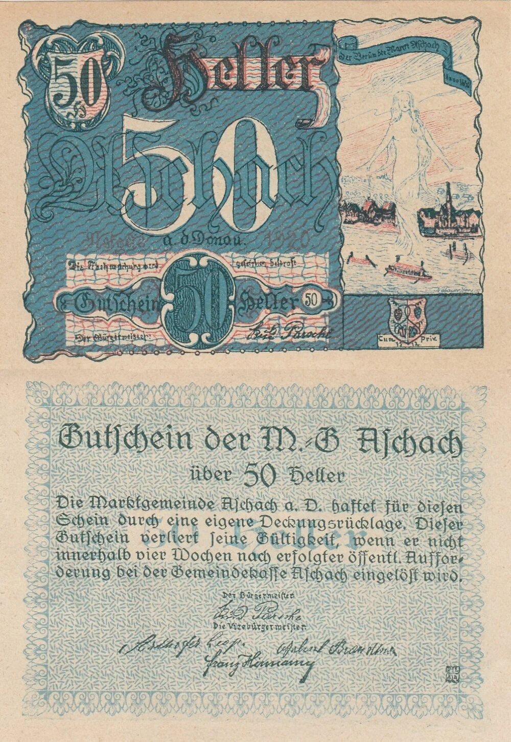 Австрия 50 геллеров 1920 Ашах-ан-дер-Донау aUNC