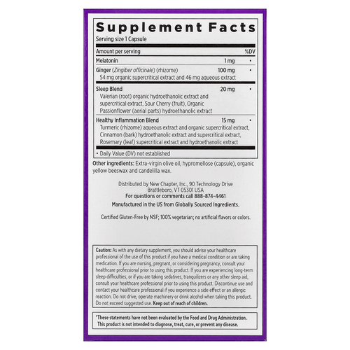 New Chapter, Успокаивающий сон и обезболивающее, мелатонин и имбирь, 30 вегетарианских капсул