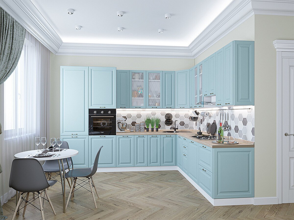 Угловая модульная кухня Ницца-04 Голубой - Белый 2340*3200/2700*600