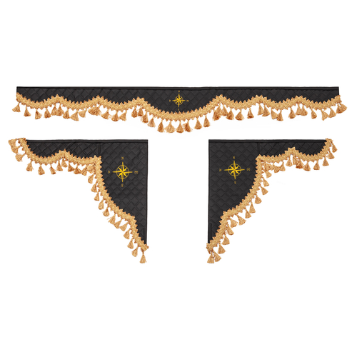 Ламбрекен 1,8м с косынками универсальные стеганые Роза Ветров (экокожа, черный, золотые кисточки)