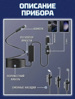 Эндоскоп для смартфона с подсветкой, 3МП, 5.5мм, водонепроницаемый, Android/iOS, 2 метра, жесткий