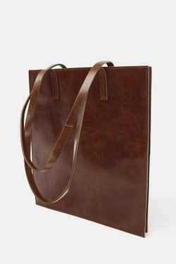 ZARA КОЖАНАЯ СУМКА-ШОПЕР, ШОКОЛАДНЫЙ