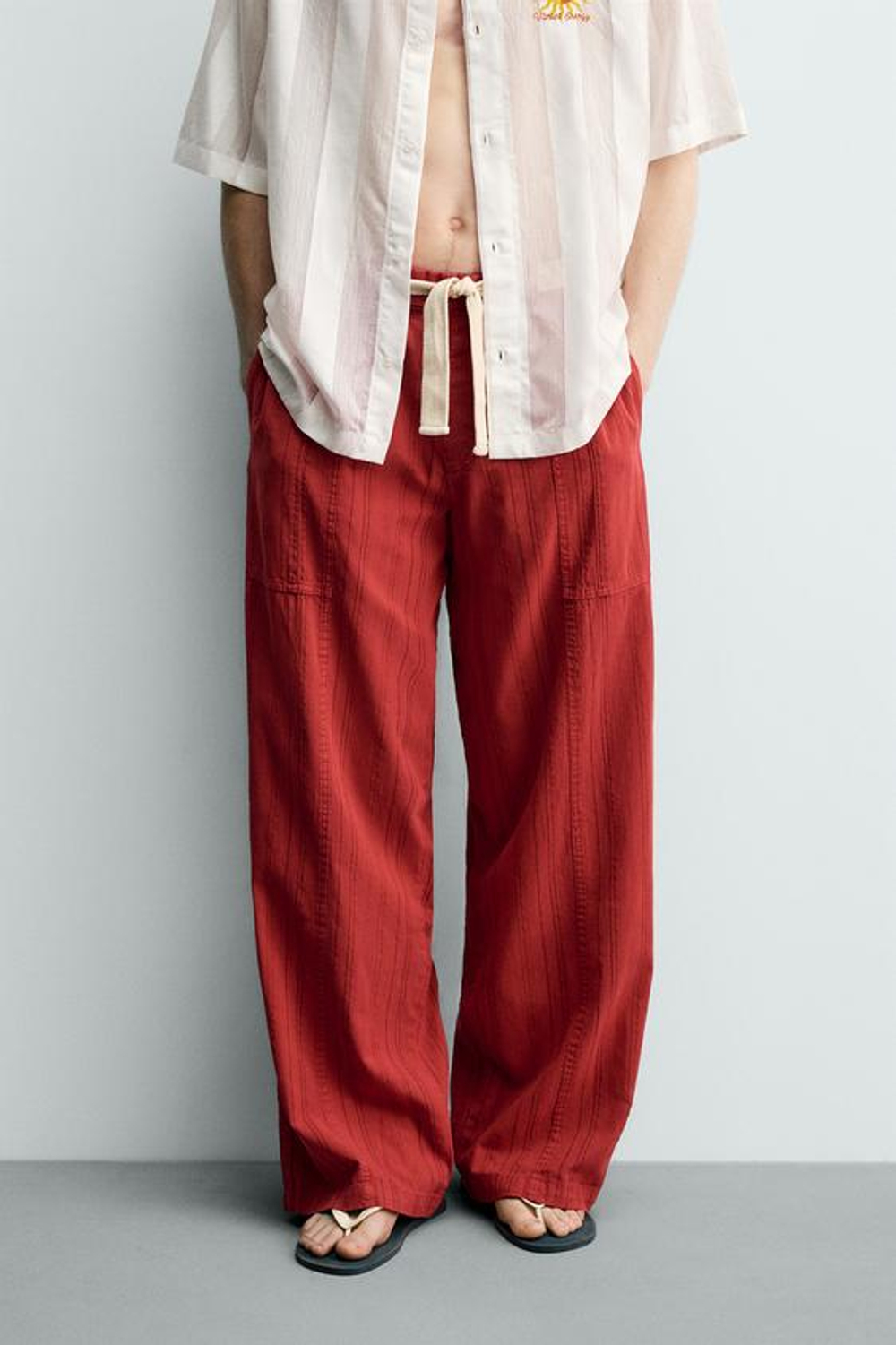 ZARA БРЮКИ RELAXED FIT В ПОЛОСКУ, КРАСНЫЙ