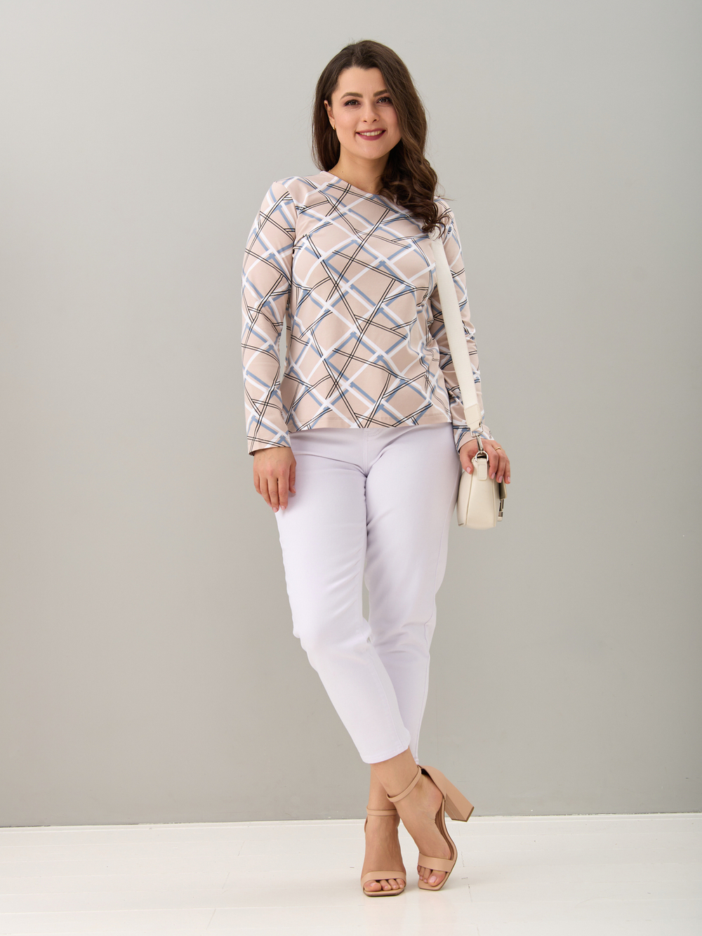 Лонгслив ЛНкл-081/бежевый-абстракциялинии