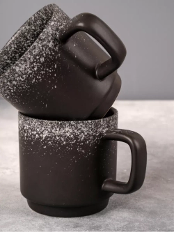 Набор 6 кружек черные матовые с белым чашки фарфор 275 мл